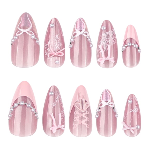 Ombre, Bow, and Striped Fake Nails, Pink, White, and Silver Stiletto Pearlescent Glitter Press on Nails with Pearl Accents, 24 Count