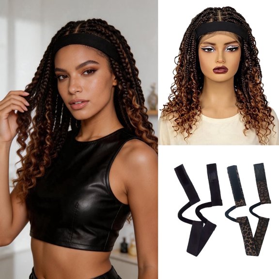 More Beautiful Boho Box Braided Wig for Black Women, 16 inch Full Lace Free 2 Packs Non-Slip Wig Grip Band