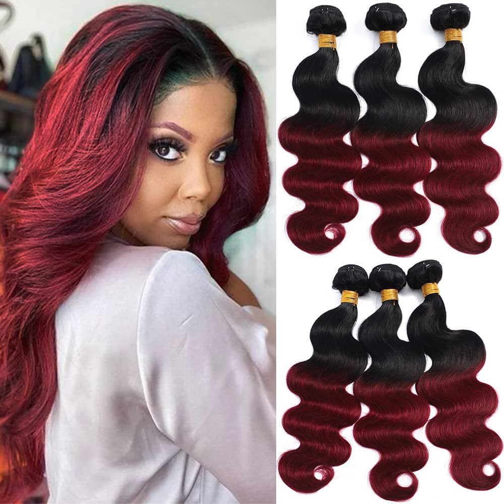 Ombre Brazilian Hair Body Wave (T1B/99J,22" 24" 26") Ombre Human Hair 3 Bundles Ombre Brazilian Human Hair 100% Unprocessed Virgin Remy Hair Bundles 2 Tone Black to Burgundy Human Hair Weave