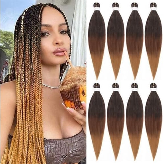 Ombre Brown With Blonde Braiding Hair Pre stretched 24 Inch 8 Packs Pre stretched Braiding Hair Yaki Texture Synthetic Hair Extension Itch Free Hot Water Setting(24", T1B/30/27#)