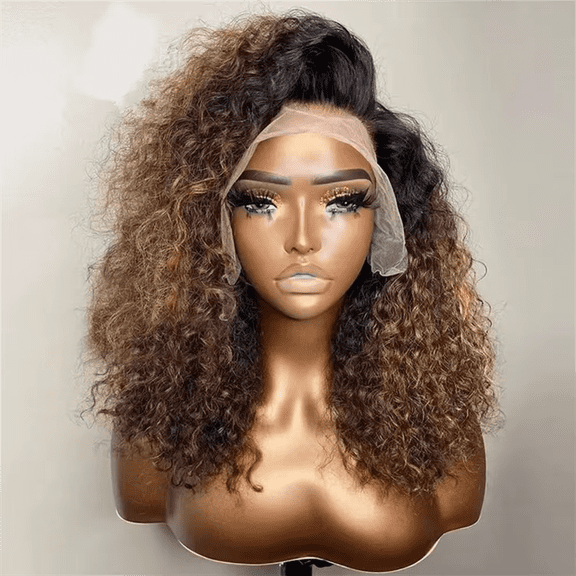 Ombre Brown Blonde Synthetic Hair Glueless Soft 26 Inch Kinky Curly 180%Density|Lace Front Wig | Preplucked Baby Hair & Heat Resistant | Daily Wig for Women)