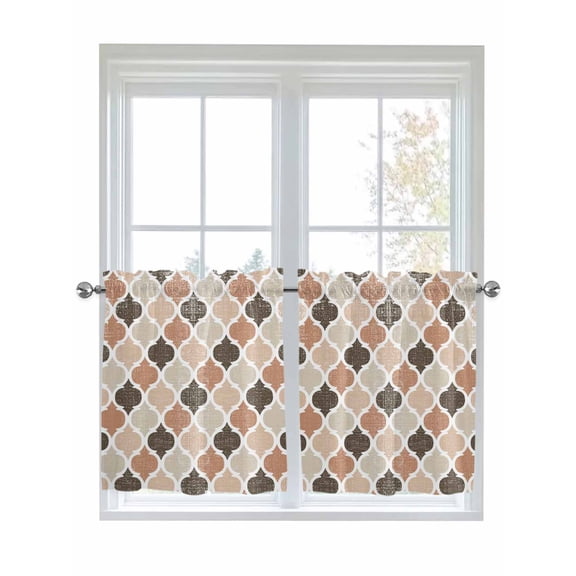 Ombre Brown Geometric Plaid Retro Abstract Morocco Gingham Kitchen Curtains Tier 24 Inch Length, Rod Pocket Light Filtering Window Curtains Living Room Bedroom Curtain Drapes Cafe Curtain 27.5x24x2