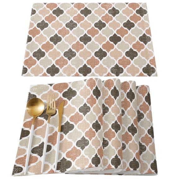 Ombre Brown Geometric Plaid Retro Abstract Morocco Gingham Placemats Set of 6, Placemats for Dining Table, Place Mats for Kitchen Tabletop, Waterproof Wipeable Dining Table Mats Set
