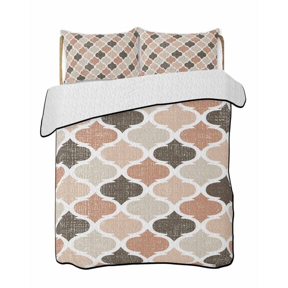 Ombre Brown Geometric Plaid Retro Abstract Morocco Gingham Summer Quilt Set Full Size,Soft Quilted Bedding Set with 2 Pillow Shams,Lightweight All Season Bedspread Coverlet for Bedroom 78"x90"