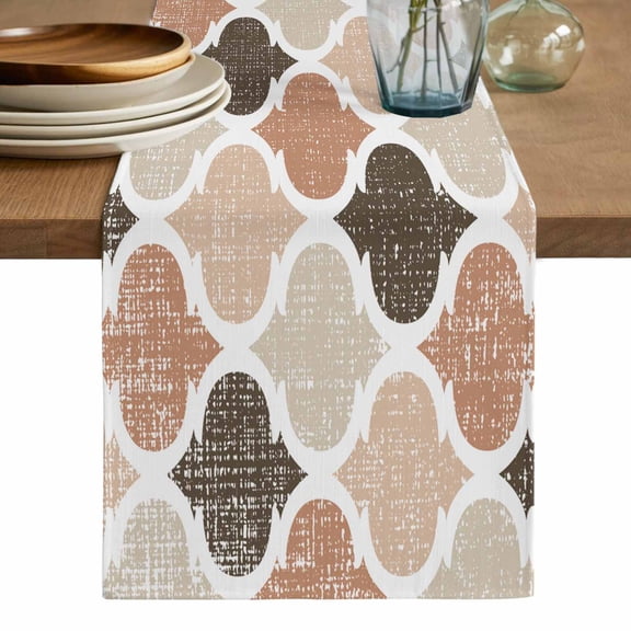 Ombre Brown Geometric Plaid Retro Abstract Morocco Gingham Table Runner, Washable Cotton Linen Table Runners 36 Inches Long, Dresser Scarf Runner for Nightstand/End Tables/Round Tables 13''x36''