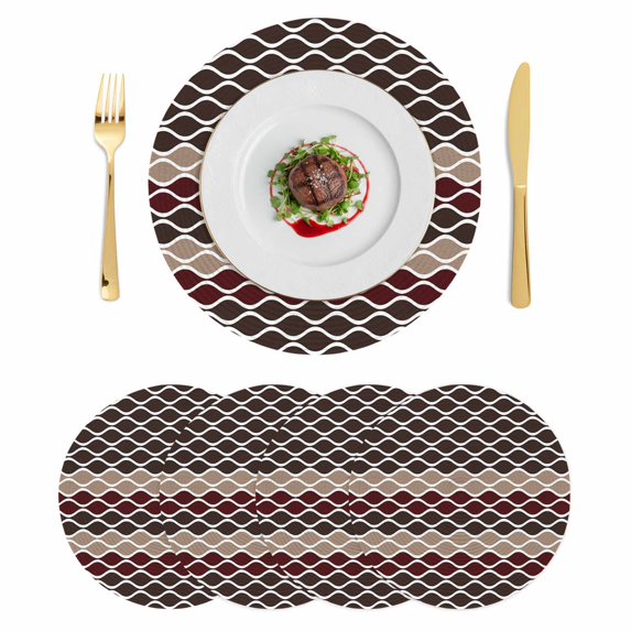 Ombre Brown Round 15 Inch Placemats Set of 4, Modern Abstract Waves Morocco Striped HeatResistant Non Slip Place Mats for Dining Table, Wipeable Braided Kitchen Table Mats for Housewarming