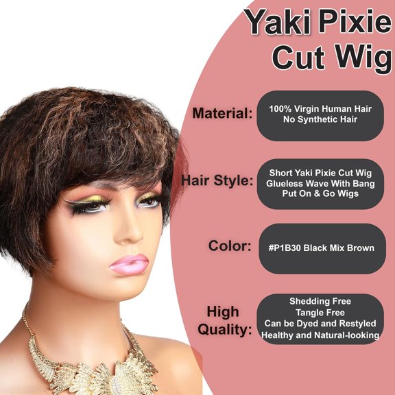 Ombre Brown Short Pixie Cut Wigs Yaki Straight Human Hair 1B/30 Highlight Ombre Light Brown Yaki Kinky Straight Layered Colored Pixie Cut Wigs for Women with Bangs, Glueless None Lace Short Wigs