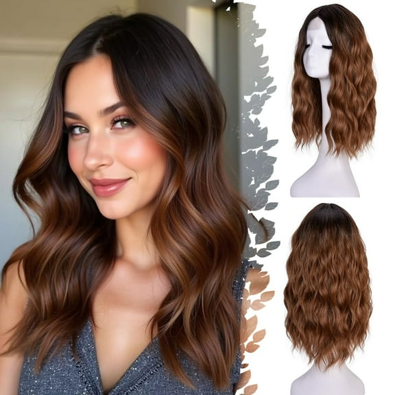 Ombre Brown Short Wavy Wigs for Women 18Inch Bob Wave Wig Middle Part Synthetic Lace Front Natural Hairline Hair for Daily Party Use