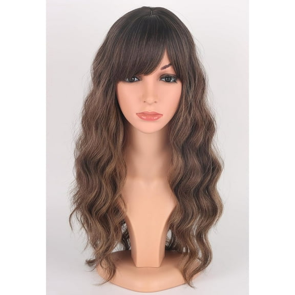 Ombre Brown Wavy Wigs With Bangs, Medium Long Synthetic Hair Replacement Wigs for Daily Use, 18 Inch