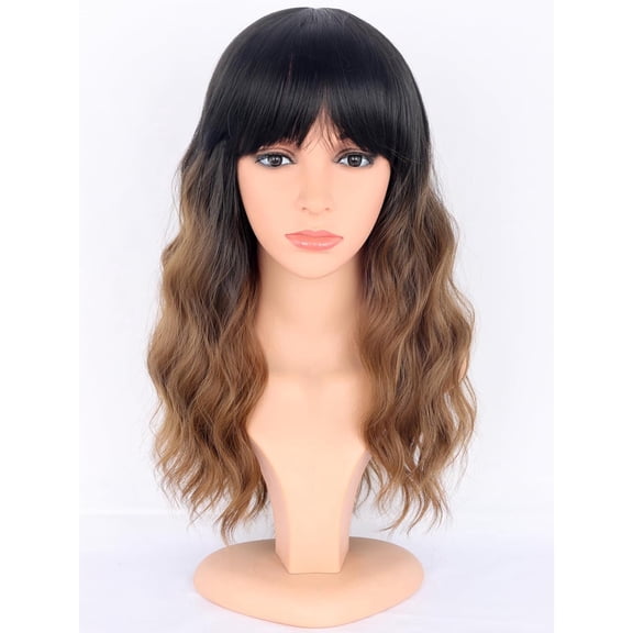 Ombre Brown Wavy Wigs with Bangs for Women - Medium Length Black To Brown Synthetic Wigs for Daily Party Use