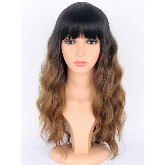 Ombre Brown Wavy Wigs with Bangs for Women - Medium Long Synthetic Black To Brown Wigs Heat Resistant for Daily Party Use