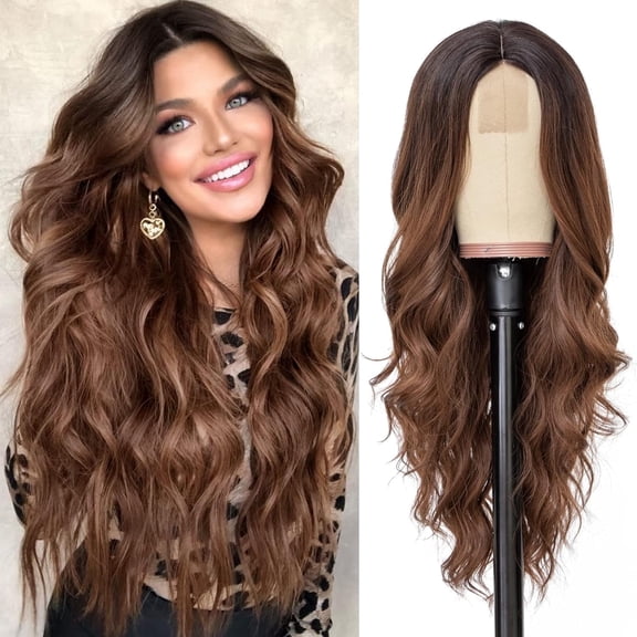 Ombre Brown Wig 26in, Jademall Long Wavy Wigs for Women Synthetic Curly Hair Wigs Middle Part Heat Resistant Fibre for Daily Party Dance - Ombre Brown