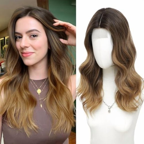 Ombre Brown Wigs for Women 18 Inch Middle Part Medium Length Short Curly Wavy Wigs, Synthetic Hair Womens Wigs for Daily Party/Halloween Use(18inch,Ombre Brown)