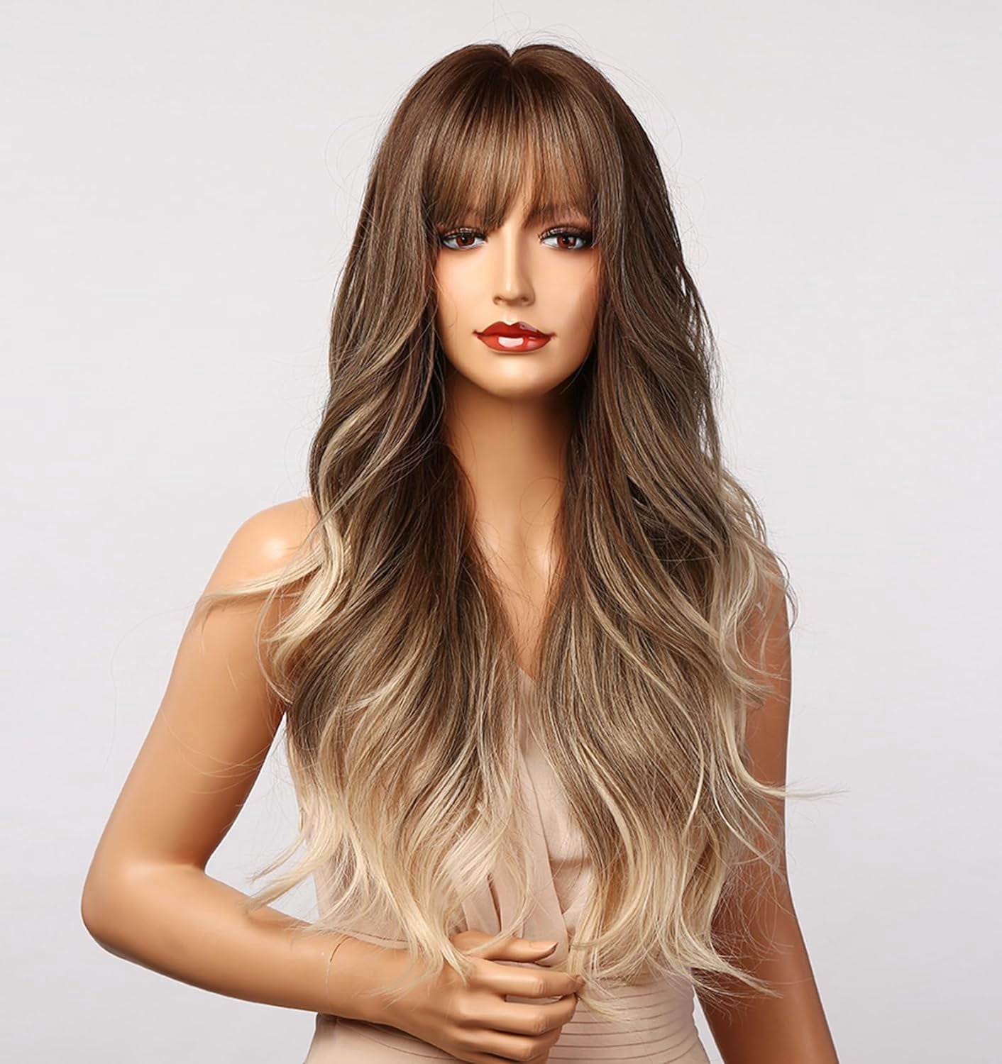 Ombre Brown to Ash Blonde Wigs with Bangs, Long Wavy 