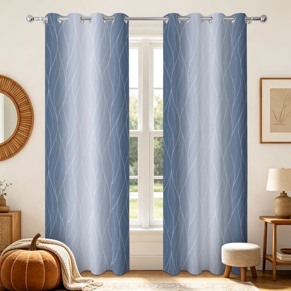 Ombre Bule Wavy Line Blackout Curtains 84 Inch Length,2 Panels,Grommet,Room Darking Thermal Insulated Window Drapes For Bedroom