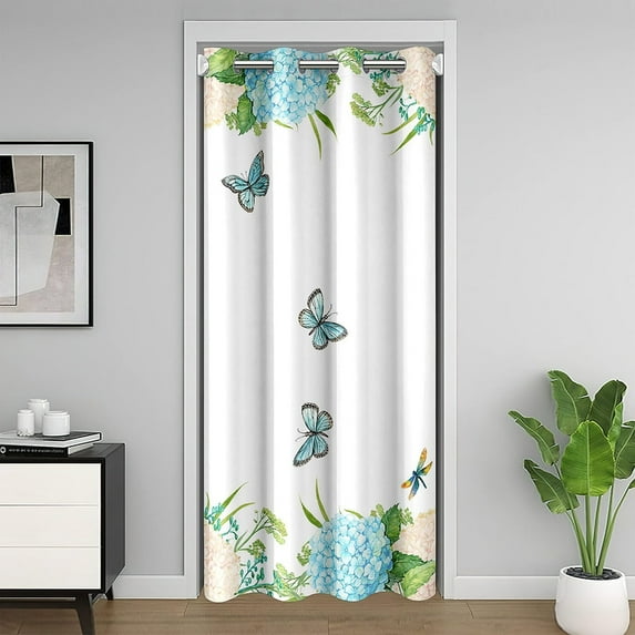 Ombre Butterfly Blackout Curtain,Hydrangea Door Drape,Watercolour Floral Door Curtain For Doorway Privacy,Graden Summer Nature Closet Curtain For Living Room,Closet Door Darkening 34"W X 80"L