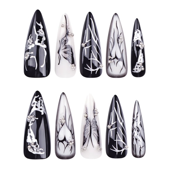 Ombre, Butterfly, and Striped Fake Nails, Black and White Long Stiletto Glossy Press on Nails with Metal Accents, 24 Count