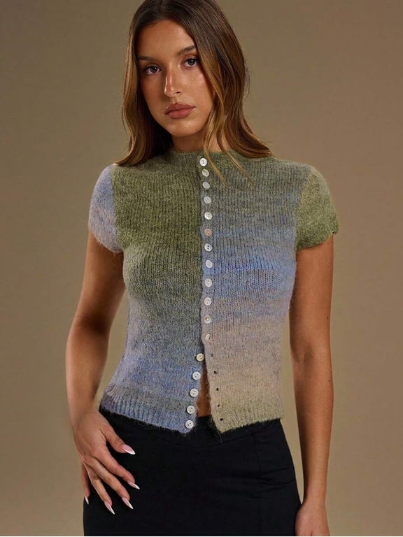 Ombre Button Down Knit Top for Women Short Sleeve Mock Neck Fitted Cropped Cardigan Streetwear