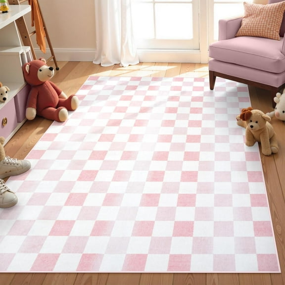 Ombre Checkered Rug, Machine Washable Pink Rugs For Bedroom Girls, Low Pile Soft Non-Slip Modern Checkerboard Living Room Rugs, Floor Carpet Rug For Playroom Nursery Room Entryway-4x6ft