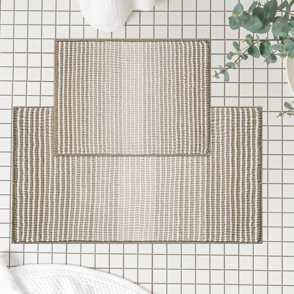 Ombre Chenille Bathroom Rugs Sets 2 Piece 17"x24"+20"x32", Non-Slip Bath Mats Set for Bathroom Floor, Bath Rugs Set of 2, Absorbent & Washable Room Shower Mat, Beige and White