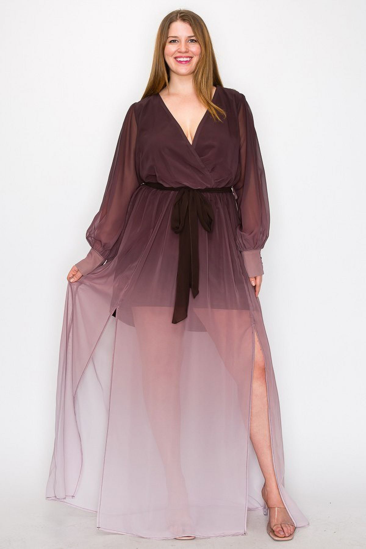 Ombre Chiffon Wrap Front Long Sleeve Tie Waist Slit Front Maxi Dress Brown 1XL Walmart