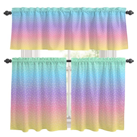 Ombre Color Kitchen Curtains Valances 3 Piece Set, Abstract Magic Rainbow Gradient Sky White Polka Dots Rod Pocket Tier Curtain and Valance Drapes for Small Window 24 Inch Length for Bedroom Cafe