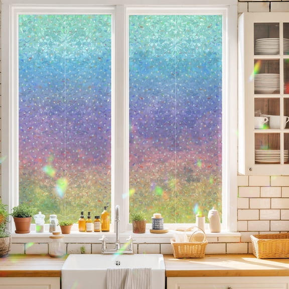 Ombre Color Window Privacy Film Abstract Magic Rainbow Gradient Sky White Polka Dots Static Cling Stained Glass Window Film Non-Adhesive Decorative Decals Rainbow Sticker 19.6"X39.3"