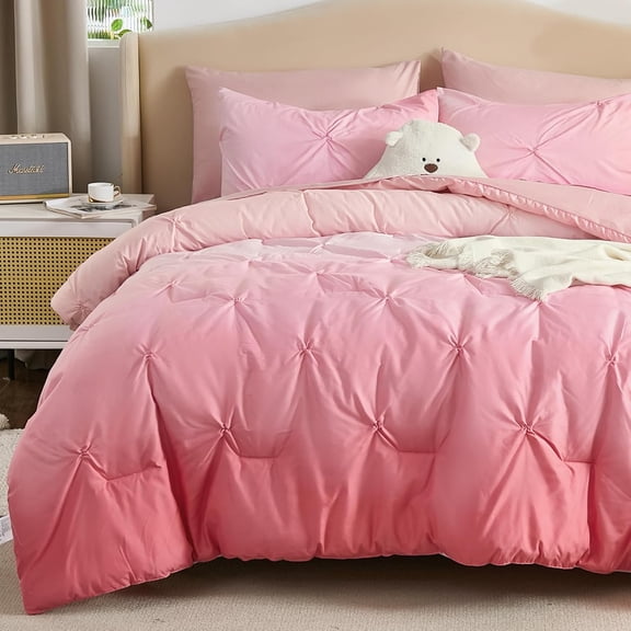 Ombre Comforter Set Twin Size, 5-Piece Bed in a Bag for Kid Teen, Pintuck Colorful Rainbow Bedding Sets with Comforter, Flat Sheet, Fitted Sheet and Pillowcases & Shams, Pink