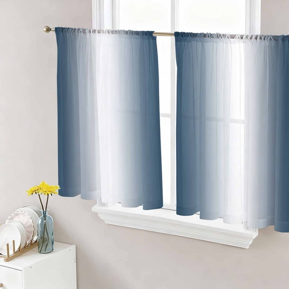Ombre Dark Blue Semi Sheer Curtains 45 Inch Length 2 Panels Set, Gradient White Abstract Minimalist Stripe Sheer Kitchen Curtain Privacy Voile Window Curtain for Living Room Bedroom Rod Pocket Drapes