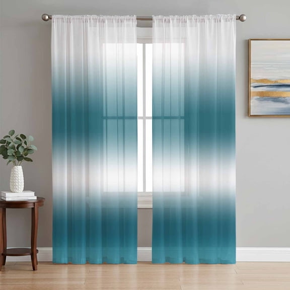 Ombre Dark Teal Semi Sheer Curtains 84 Inch Length 2 Panels Set, Modern Abstract Art Gradient Sheer Kitchen Curtain Privacy Voile Window Curtain for Living Room Bedroom Rod Pocket Drapes