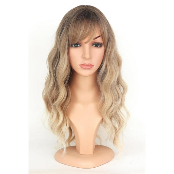 Ombre Dirty Blonde Wavy Wigs With Bangs For Women Medium Long Ash Blonde Synthetic Wigs For Daily Use Dirty Blonde