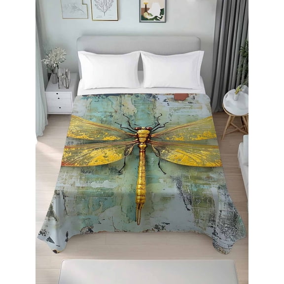 Ombre Dragonfly California King Size Flat Sheet, Wrinkleproof & Fadeproof Cooling Flat Bed Sheet Only, Vintage Abstract Oil Painting Breathable Soft Bedding Top Sheets 108 x 98 Inches