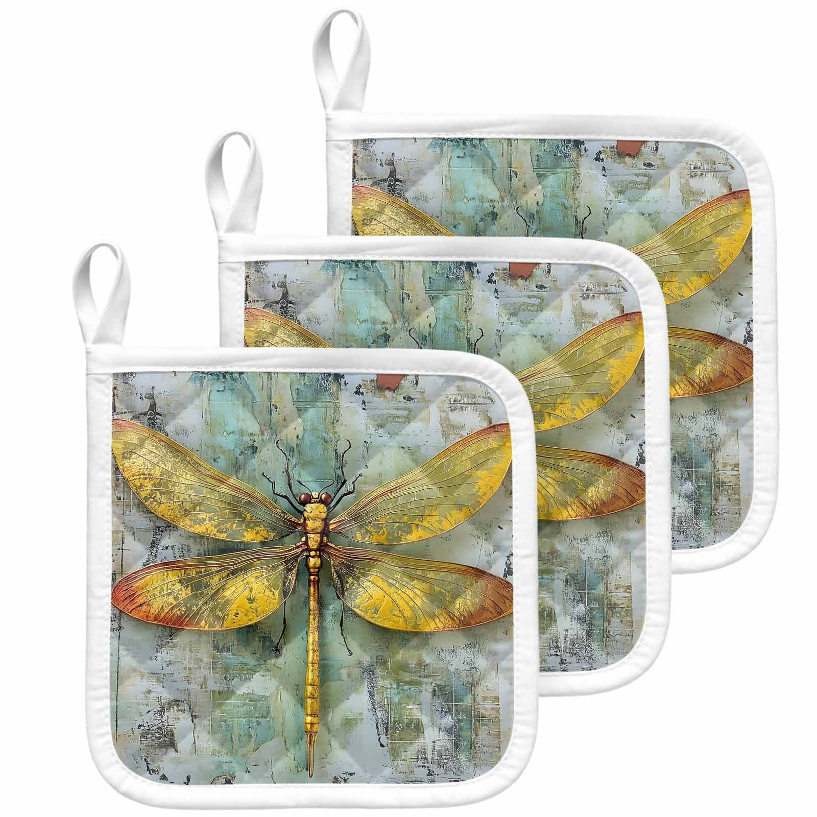 Ombre Dragonfly Pot Holders for Kitchen Heatproof Potholder, 3 Pack Vintage Abstract Oil Painting Hot Pads Multipurpose Oven Pads Cloth Potholders Trivet for Cooking Baking