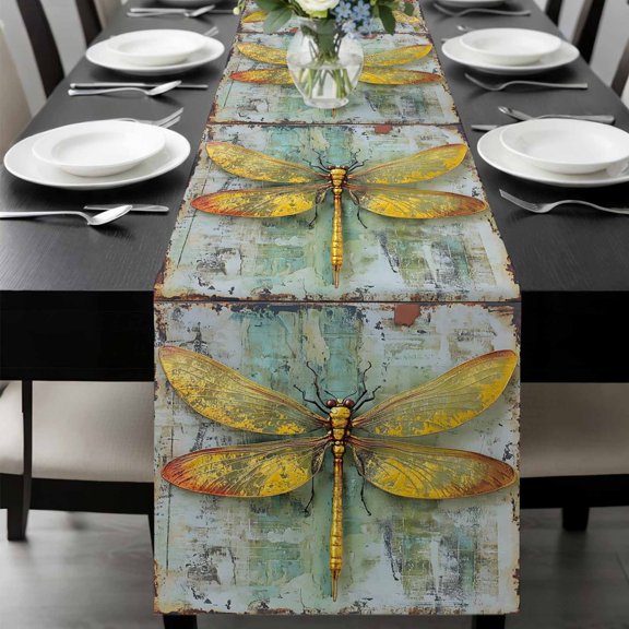 Ombre Dragonfly Table Runner 70 Inches Long, Vintage Abstract Oil Painting Kitchen Coffee Dining Table Decoration for Home Party Birthday Wedding Home Decor 13x70 Inches