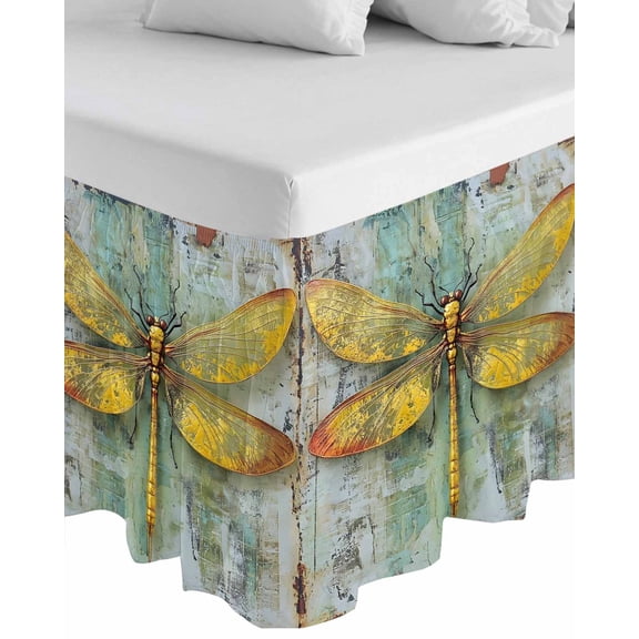 Ombre Dragonfly Wrap Around Bed Skirts for California King Bed 16" Drop,Bed Skirt with Adjustable Elastic Belt Dust Ruffle Bed Valance for Bedroom Hotel Vintage Abstract Oil Painting Bed Frame Cover