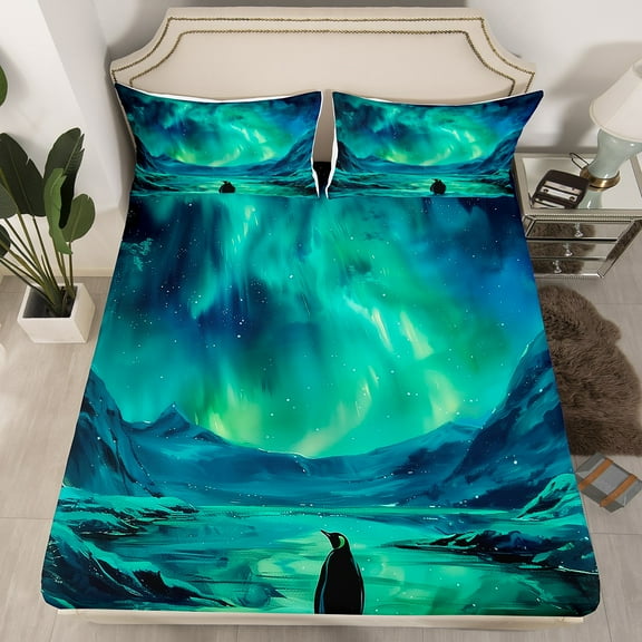 Ombre Dreamy Aurora Fitted Sheet Full,Penguin Nature Bed Sheets with Deep Pocket,Galaxy Stars Starry Sky Bedding Set, Safari Polar Animal Sheets 3Pcs(1 Fitted Sheet,2 Pillowcases)（No Top Sheet）