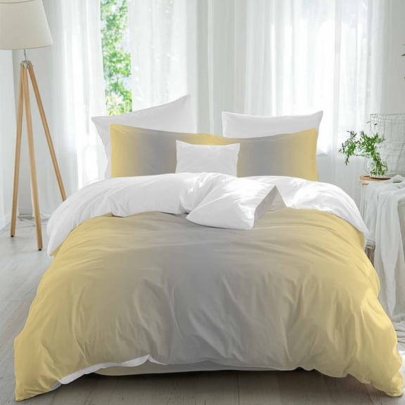 Ombre Duvet Cover Set California King Size Lemon Yellow and Grey Gradient Soft Lightweight Comforter Covers 4 Piece Bedding Set with 1 Duvet Cover 1 Bed Sheet & 2 Pillow Shams