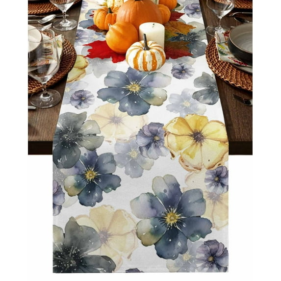 Ombre Flower Table Runner-Cotton Linen- 90 Inch Holiday Dresser Scarves, Watercolor Yellow Purple Blue Green Floral Tablerunner for Kitchen Coffee/Dining Bedroom Living Room Dinner Scarf Décor 13x90