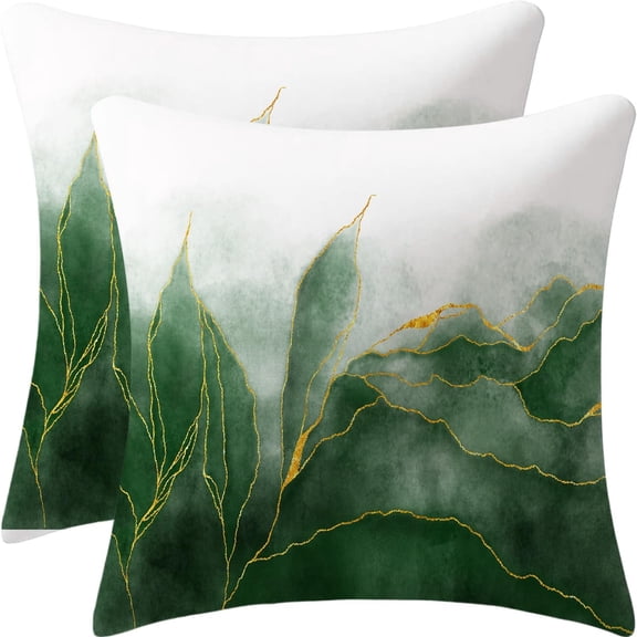Ombre Forest Green Pillow Covers Dark Green Marble Decor Emerald Green Golden Throw Pillows Leaves Outdoor Farmhouse Decorative Cushion for Couch Bed Sofa,Velvet,18 x 18inch