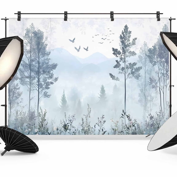 Ombre Forest Grey Backdrop for Photoshoot, Photography Photo Studio Background Wall Backdrop, Mountain Watercolor Branches Back Drop Banner Panel for Portraits Wedding Live Streaming Decor 7x5Ft