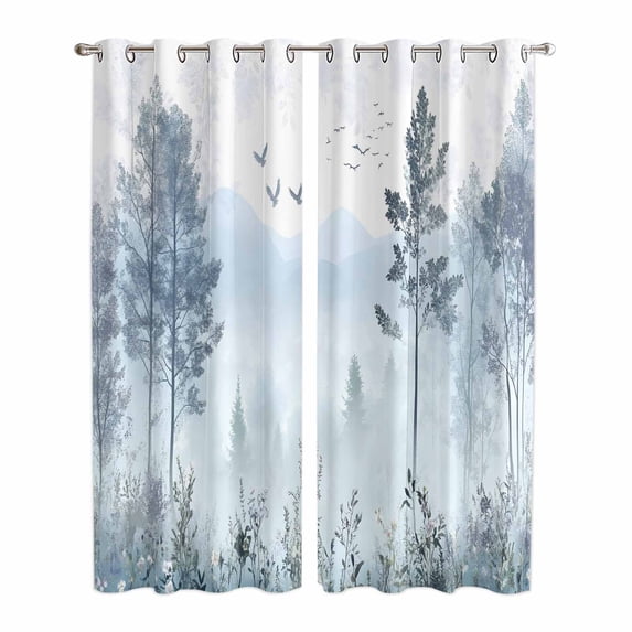 Ombre Forest Grey Kitchen Curtains 96 Inch Length, Mountain Watercolor Branches Grommet Top Bedroom Living Room Curtains, Light Filtering Cafe Curtain Drapes 2 Panels Set 104''x96''
