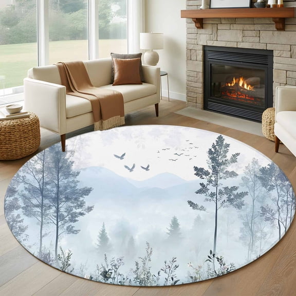Ombre Forest Grey Round Area Rug 6 FT, Non Slip Bedroom Area Rug, Mountain Watercolor Branches Washable Soft Circular Carpet Non-Shedding Floor Mat for Kitchen Dining Room Home Office Kids Room