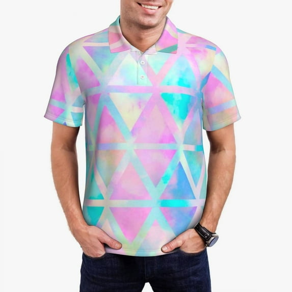 Ombre Geo Print Polo Shirts Pastel Casual Shirt Summer T-Shirts Men Short-Sleeve Turn-Dow