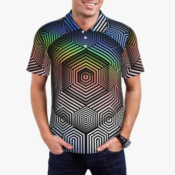 Ombre Geo Print Polo Shirts Pastel Casual Shirt Summer T-Shirts Men Short-Sleeve Turn-Dow