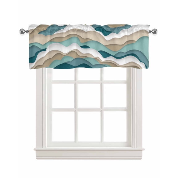 Ombre Geometric Linen Curtain Valance for Bedroom/Bathroom/Kitchen/Office/Living/Dining Room Window,Turquoise Brown White Nautical Sea Waves Rod Pocket Topper Decorative Cafe Drapes Panel 42"x18"