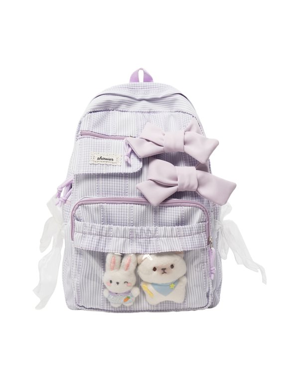 Ombre Gingham Pattern Daypack, Bow Decor Polyester Campus Bookbag, Lightweight Shoulder Bag for Daily Errands Shopping, 17.72 Inch (Pink)