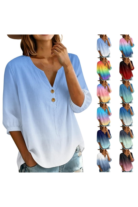 Ombre Gradient V-Neck Henley Tunic for Women - 3/4 Puff Sleeve Button Down Boho Blouse, Lightweight Loose Fit Summer Top Watermelon Red S