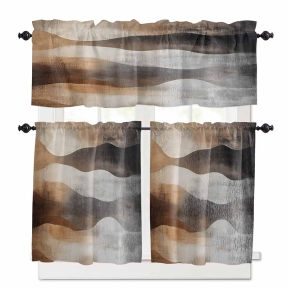 Ombre Gray Brown White Painting Kitchen Curtains Valances and Tiers Set of 3, 24 Inch Length Tier Curtains and Valance Rod Pocket Valance Curtains Set for Kitchen Bathroom Small Windows