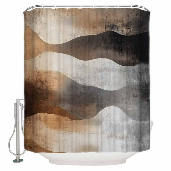 Ombre Gray Brown White Painting Shower Curtain, 72" x 72", Abstract Wave Stripes Waterproof Bathroom Curtain Washable Shower Curtain Set with 12 Hooks