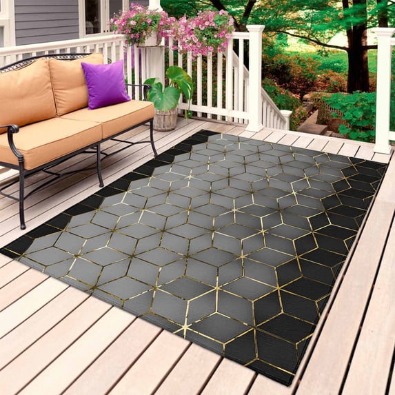 Ombre Gray Geometric Outdoor Rug 6x9 Ft, Non Slip Washable Area Rug, Modern Abstract Art Patio Rugs Carpet Runner, Large Floor Mat for Indoor/Outdoor Deck Porch Camping